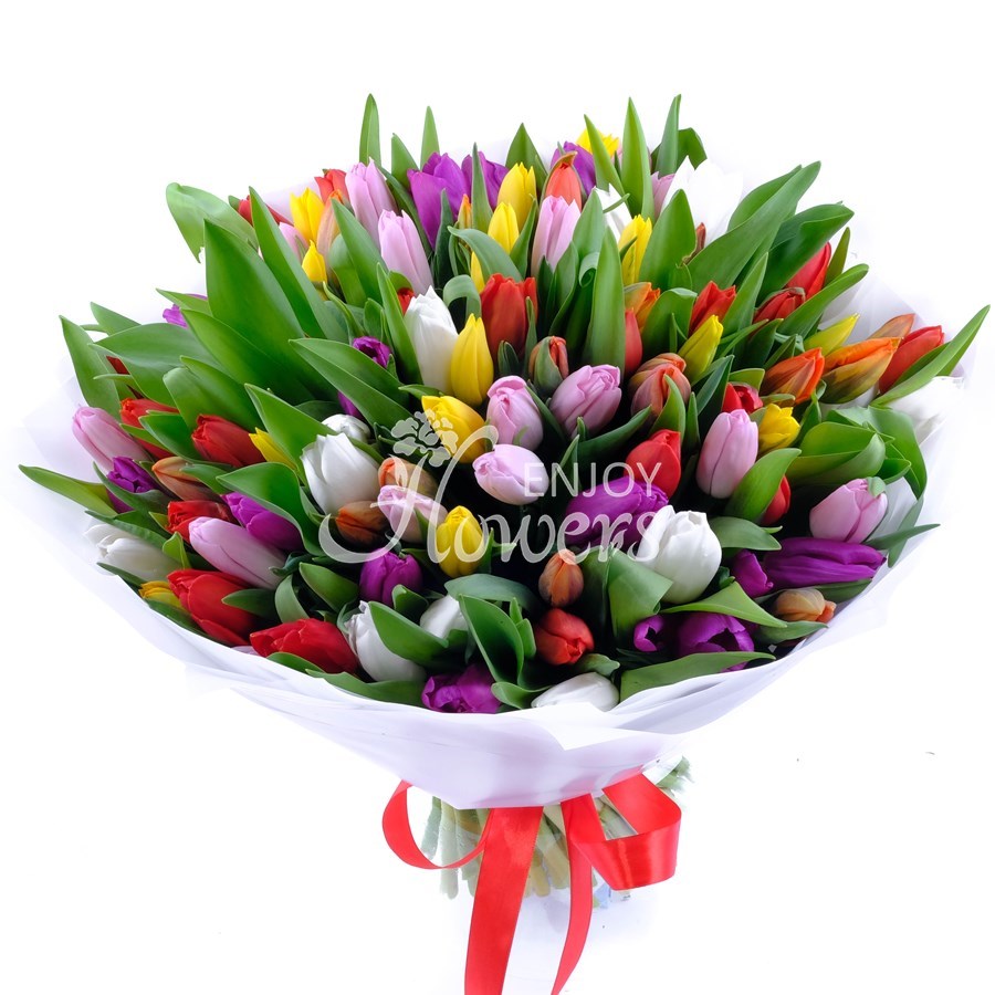Букет из 101 разноцветного тюльпана "Разноцветные тюльпаны в пленке"