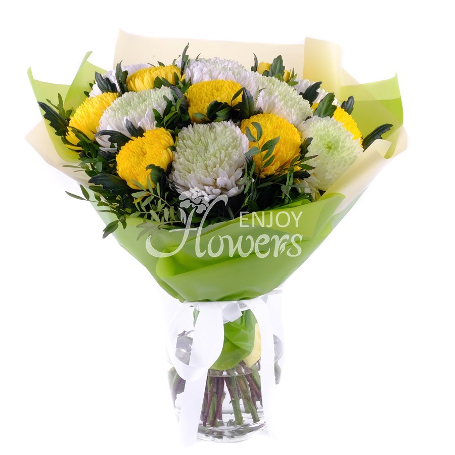 Букет из 15 хризантем "Белые и желтые хризантемы"