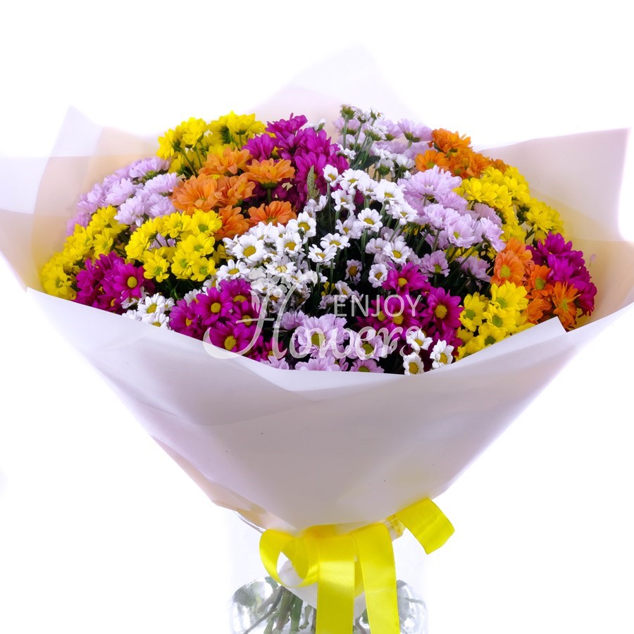 Букет из 25 разноцветных хризантем "Полевые самоцветы"