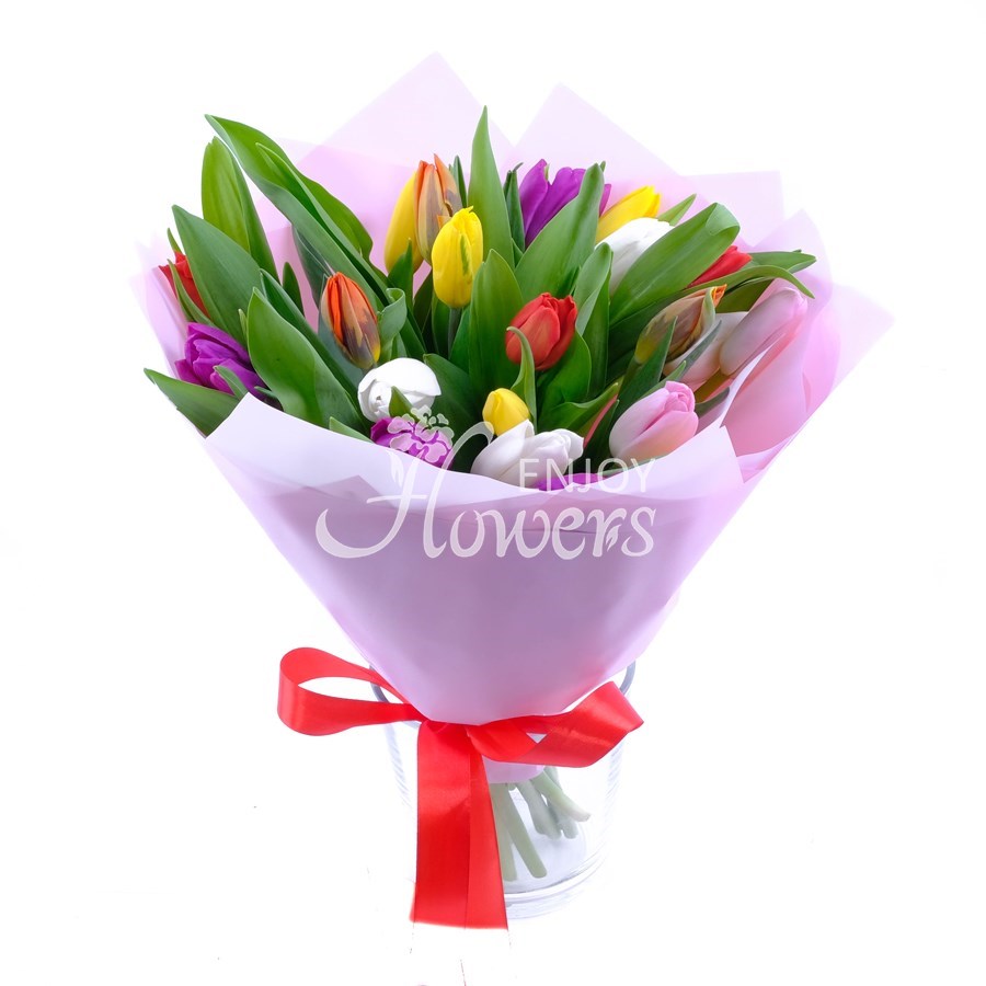 Букет из 25 разноцветных тюльпанов "Разноцветные тюльпаны в пленке""