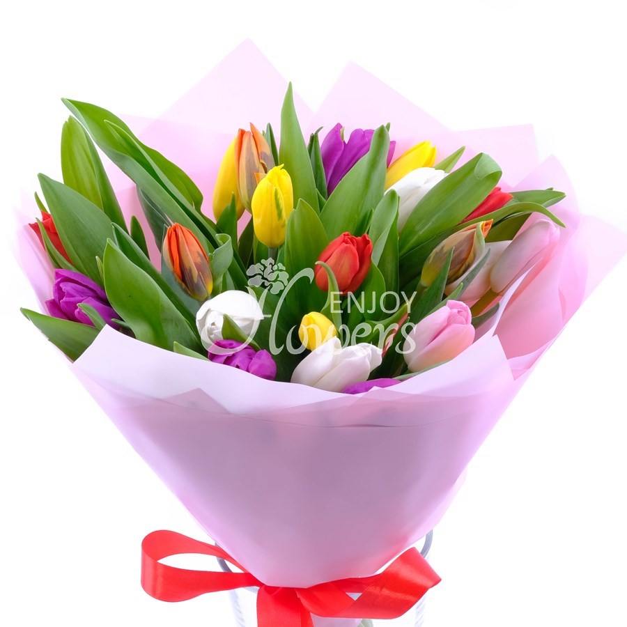 Букет из 25 разноцветных тюльпанов "Разноцветные тюльпаны в пленке""