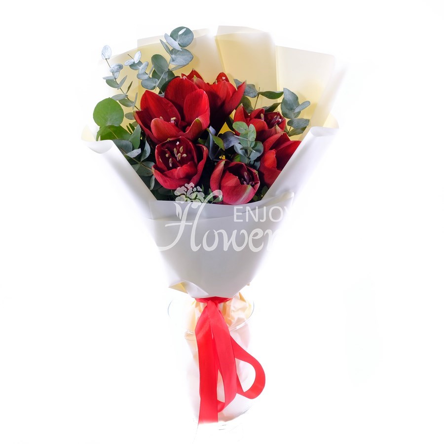 Букет из 3 красных амариллисов с эвкалиптом "Красные амариллисы"