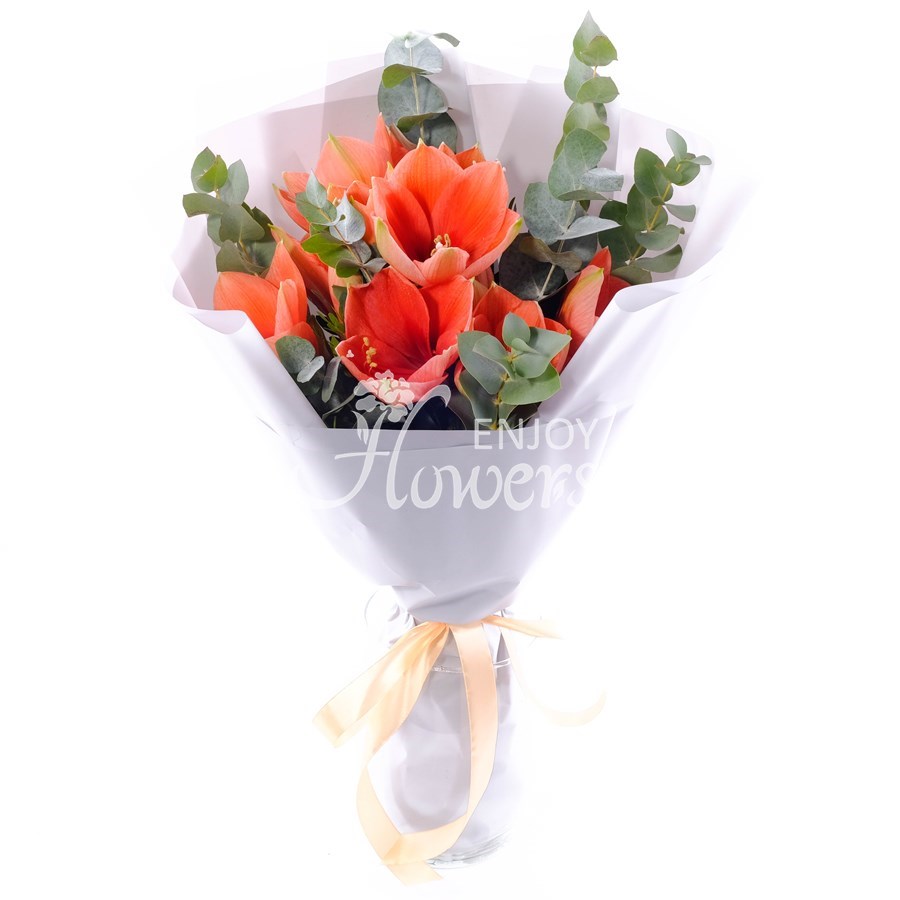 Букет из 3 персиковых амариллисов с эвкалиптом "Персиковые амариллисы"