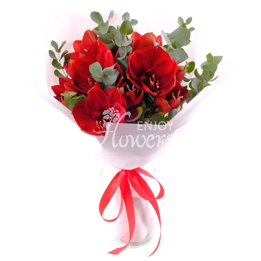 Букет из 5 красных амариллисов с эвкалиптом "Красные амариллисы"