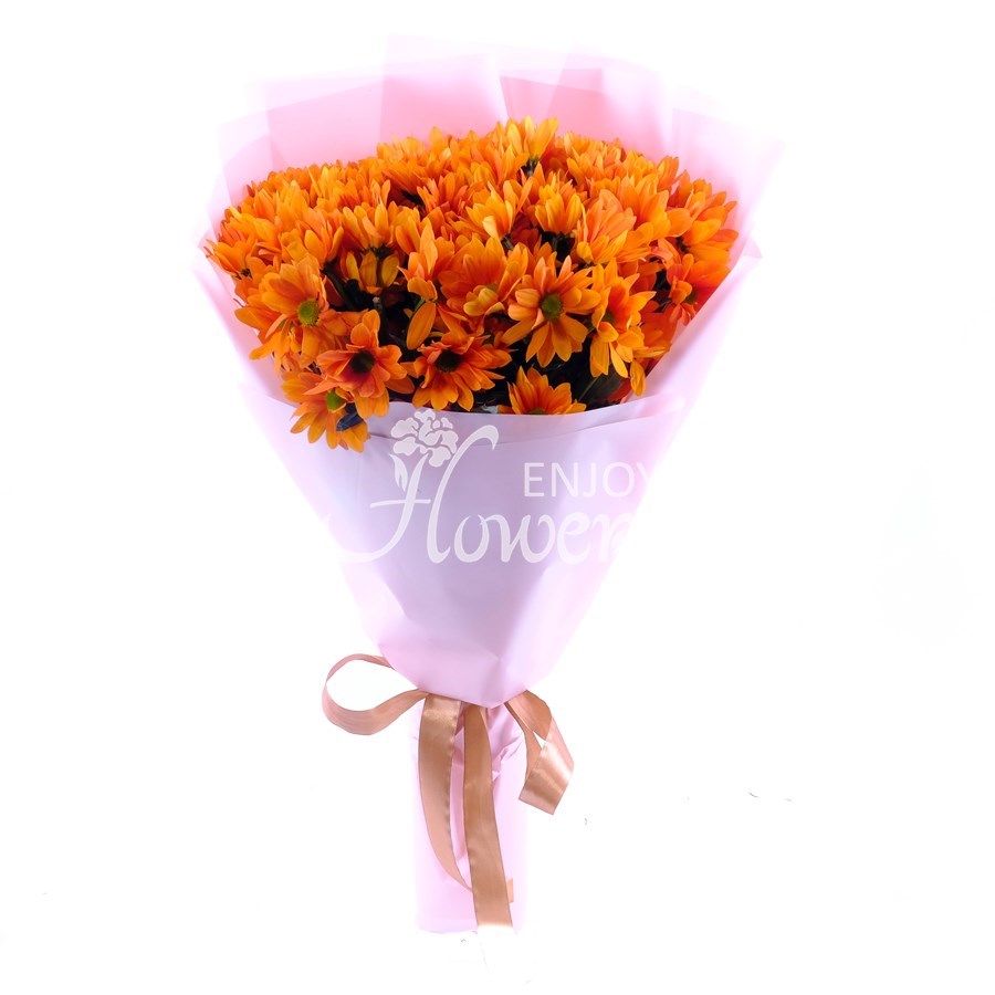 Букет из 9 оранжевых хризантем в пленке "Оранжевые кустовые хризантемы"