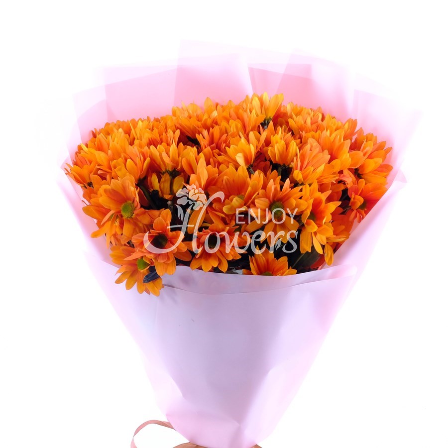 Букет из 9 оранжевых хризантем в пленке "Оранжевые кустовые хризантемы"