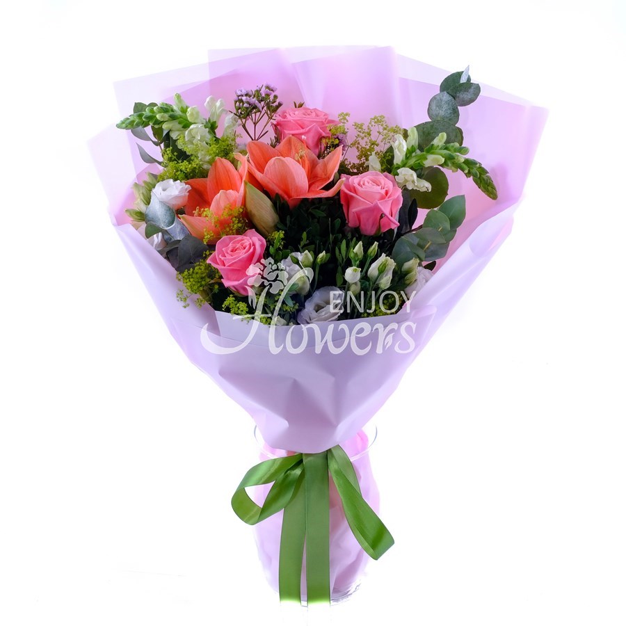 Букет из роз и персикого амариллиса "Матильда"