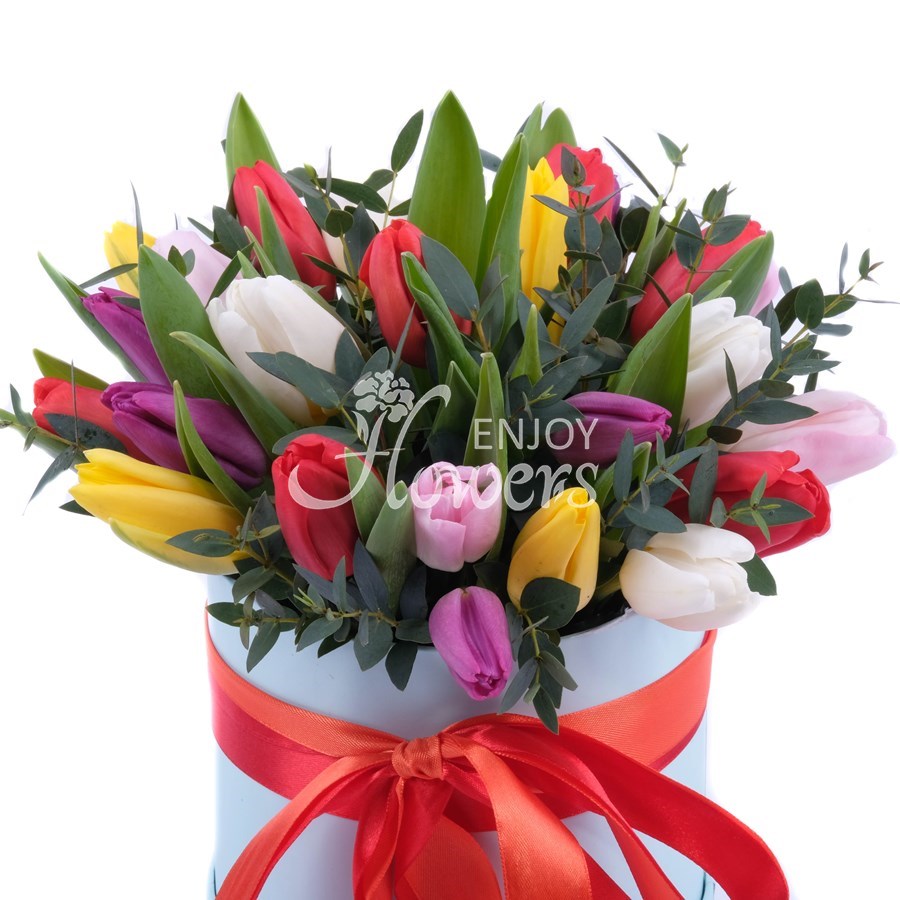 Композиция из 25 тюльпанов "Разноцветные тюльпаны в коробке"