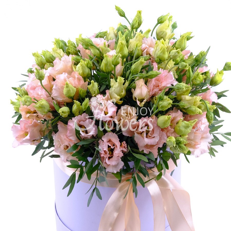 Композиция в коробке из 7 эустом с зеленью "Персиковая эустома в коробке"