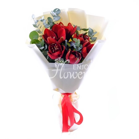 Букет из 3 красных амариллисов с эвкалиптом "Красные амариллисы"