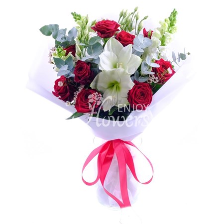 Букет из белого амариллиса и красных роз "Атриум"