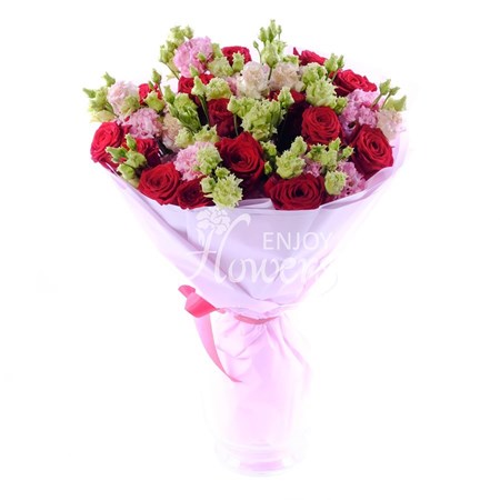 Букет из розовой эустомы и красных роз "Красивые фразы"
